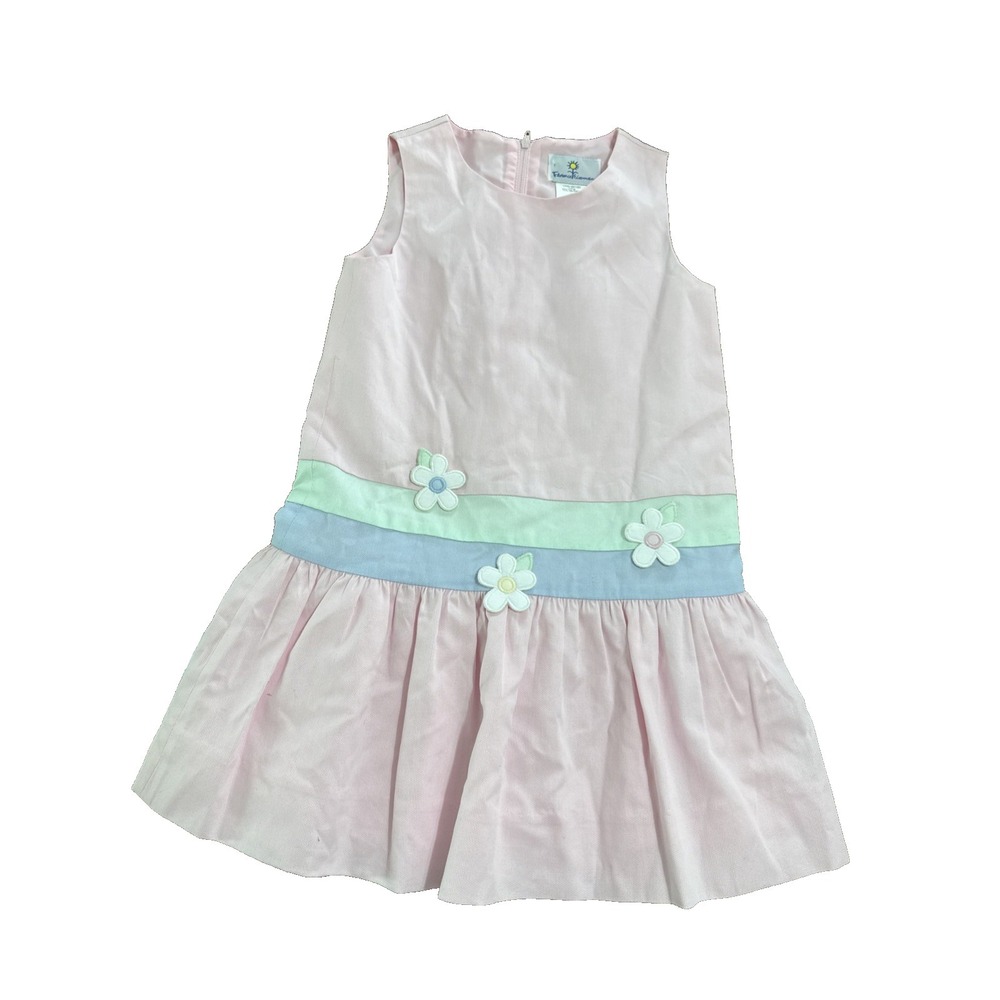 Florence Eiseman 4T Seersucker Dress Pink Stripe Flower Applique